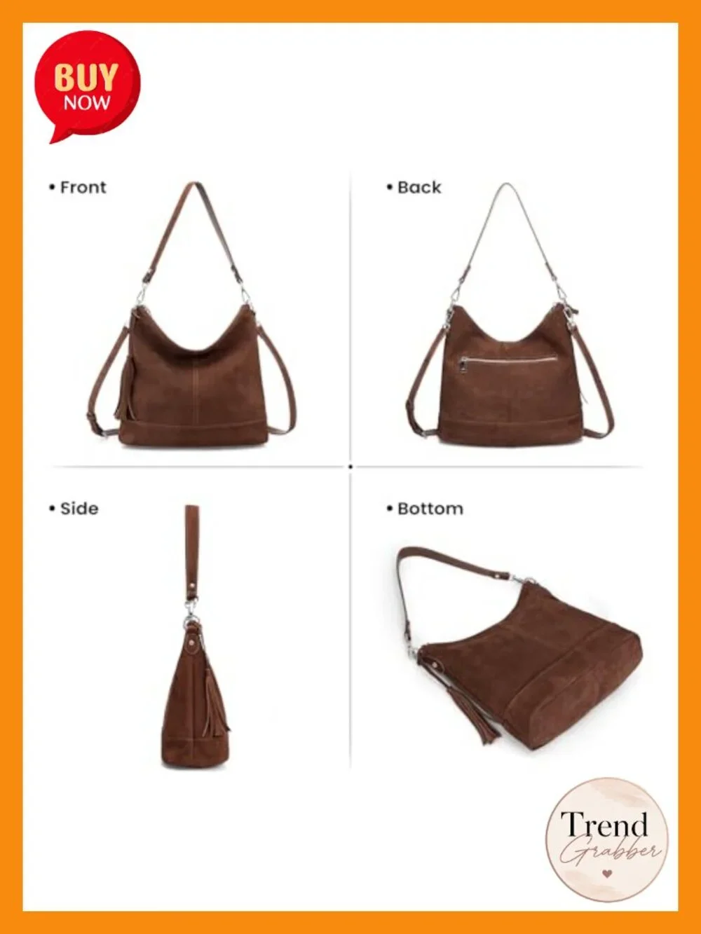 Genuine Leather Hobo Crossbody Bag, Soft Real Suede, Fringe, Dual Removable